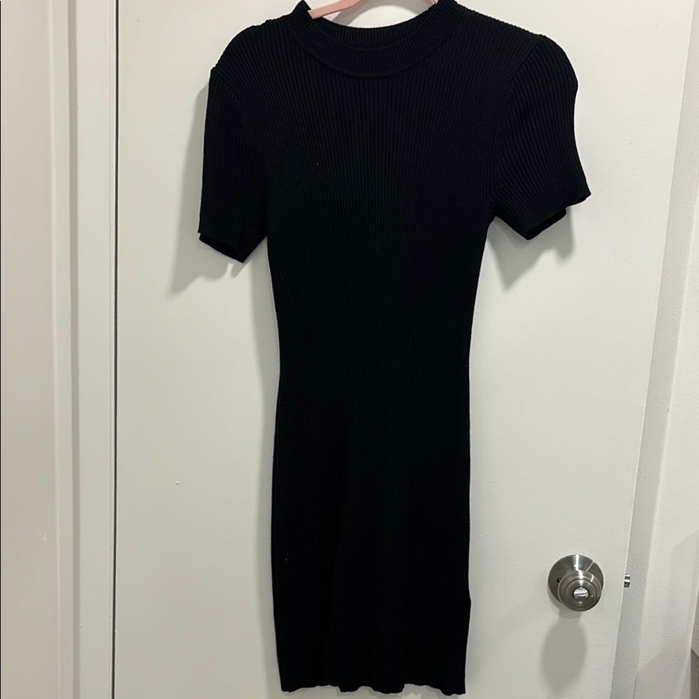 Abercrombie & Fitch Black Ribbed Sweater Dress with Slit and Short Sleeves